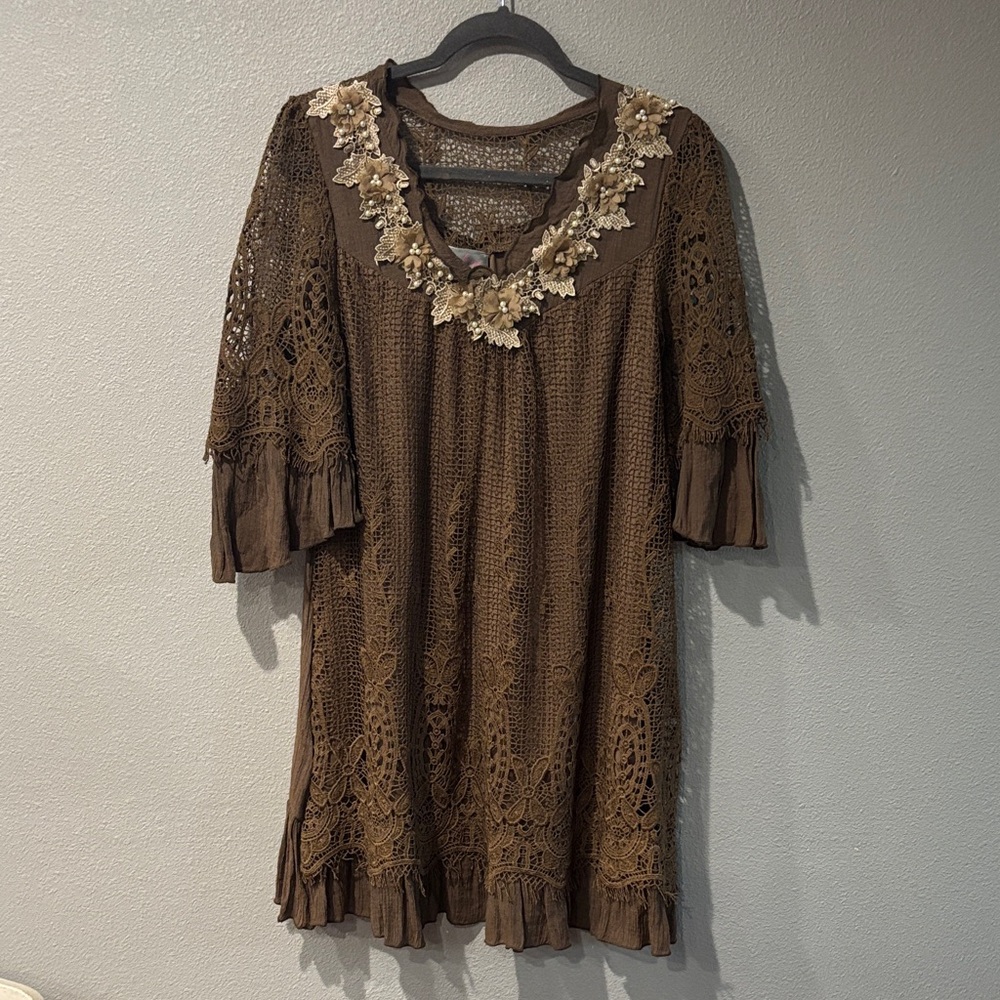 Pretty Angel Brown Crochet Lace Dress
